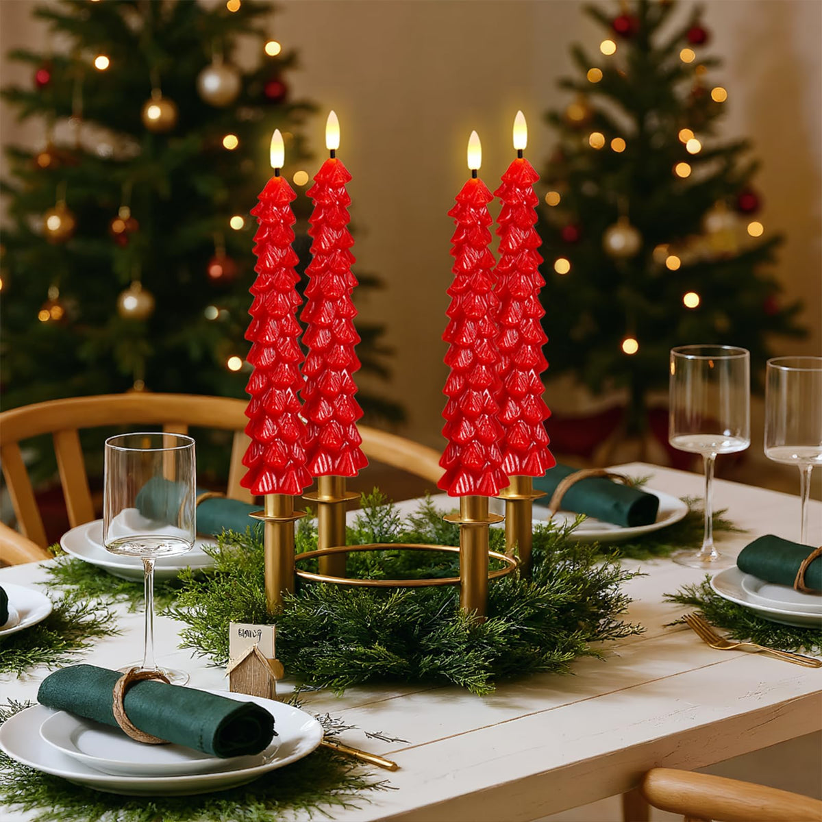 Green Christmas Tree Flameless Taper Candles Battery Operated Remote Timer
