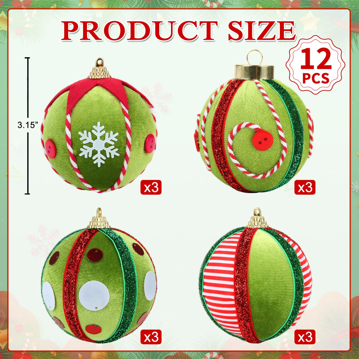 Supreme Xmas 12 Pcs Velvet Christmas Ornaments Set 80mm Green Red White