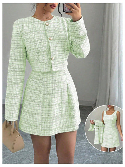 SOLY HUX Women's 2 Piece Plaid Long Sleeve Button Cropped Jacket Dress Set