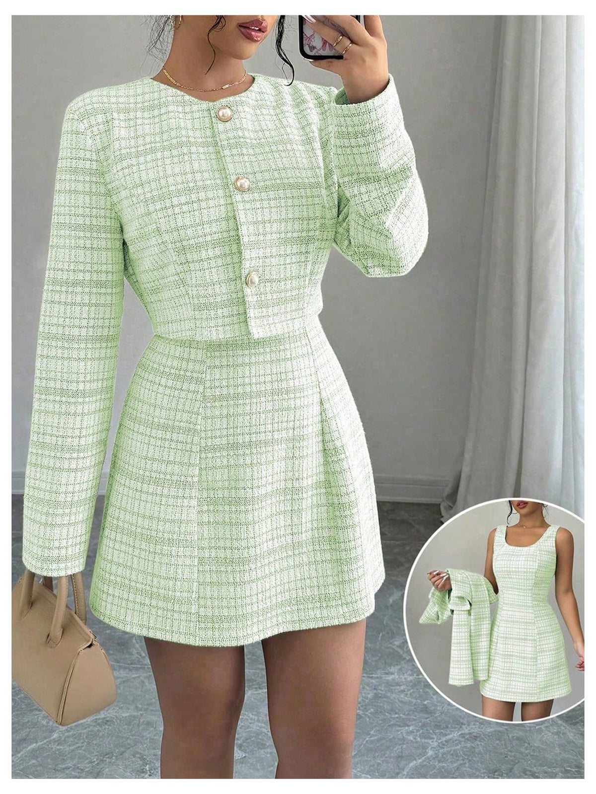 SOLY HUX Women's 2 Piece Plaid Long Sleeve Button Cropped Jacket Dress Set