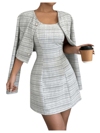 SOLY HUX Women's 2 Piece Plaid Long Sleeve Button Cropped Jacket Dress Set