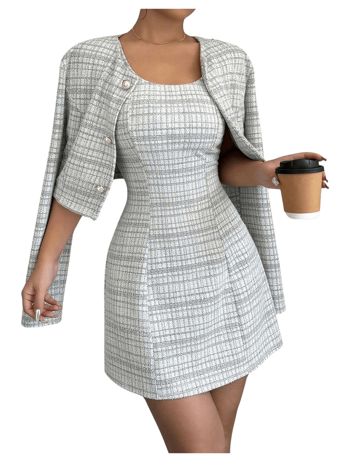 SOLY HUX Women's 2 Piece Plaid Long Sleeve Button Cropped Jacket Dress Set
