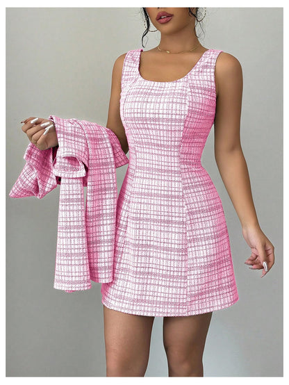 SOLY HUX Women's 2 Piece Plaid Long Sleeve Button Cropped Jacket Dress Set