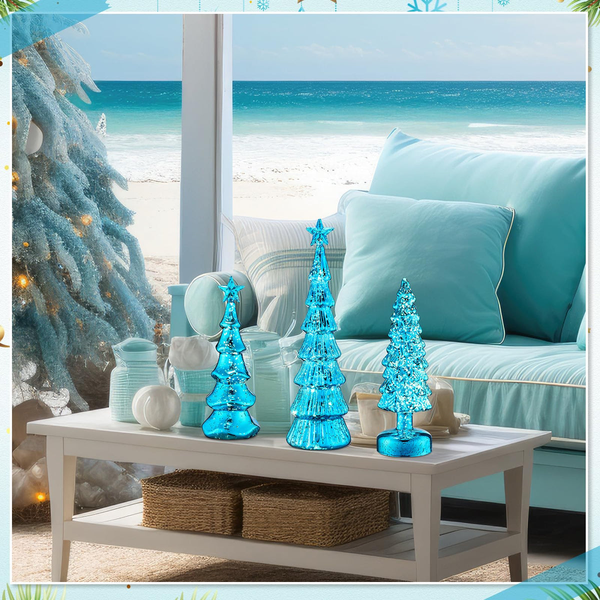 Funnymoom 3 Pack Glass Christmas Trees Decor Lighted Christmas Tree Tabletop Glitter Centerpiece Decoration Glass Xmas Tree Figurines Holiday Ornament for Table Mantle Fireplace(gold,classic)