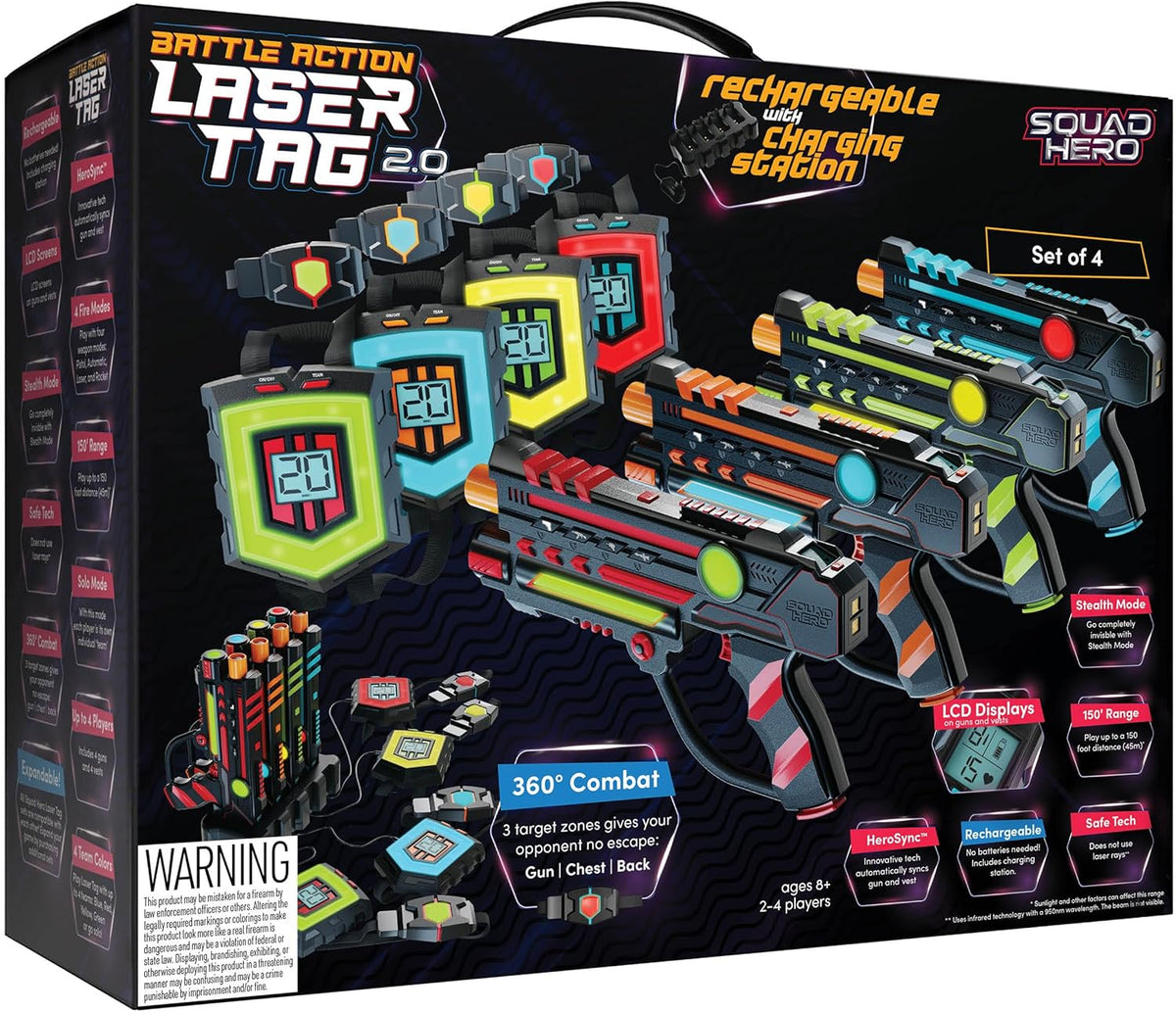 Squad Hero Rechargeable Laser Tag 360° Sensors + LCDs - Set of 4 - Birthday Gift Ideas for Kids Teens & Adults Boys & Girls Family Fun - Cool Teenage Lazer Group Activity, Teen Gifts Ages 8+ Year Old