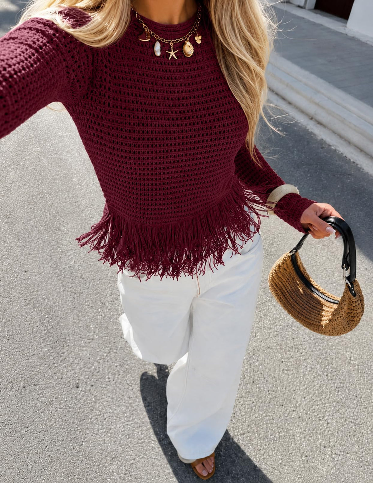 MEROKEETY Women's Fall Fashion Crochet Fringe Sweater Tops Boho Pullover