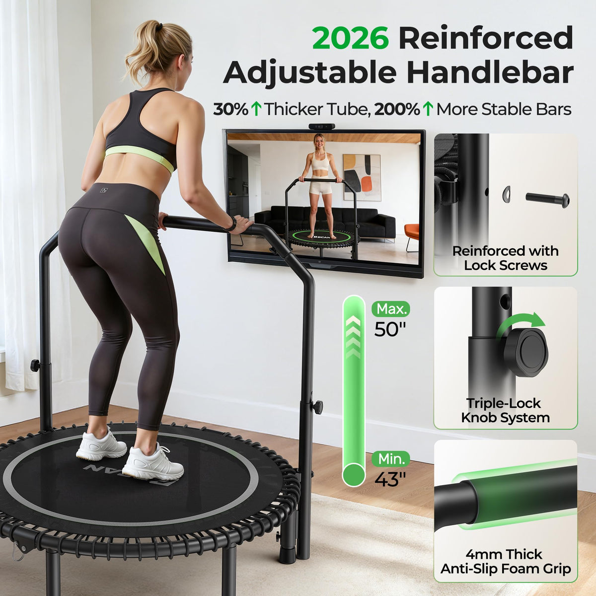 Bcan BT2 450/550LBS Mini Rebounder Trampoline for Adults with Bar, Fitness Trampoline with Bungees, Adjustable Handle, Stable & Quiet, Indoor Outdoor, Whole-Body Workout - 40IN/48IN | Fed Fitness