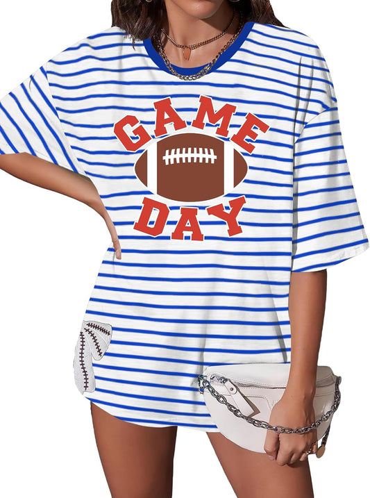 Football Shirts for Women Oversize Game Day T-Shirts Bow Side Split T-Shirt | Football Season Graphic Tee Tops Oversize Football Graphic Short Sleeve Tee Top