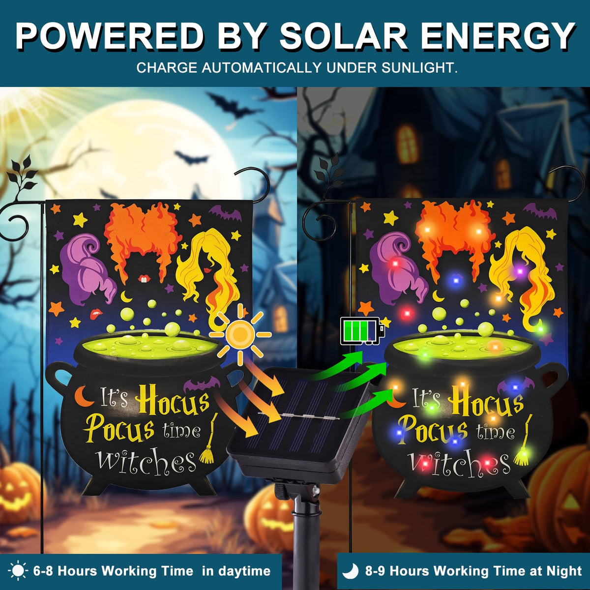 Halloween Lighted Garden Flag for Outside, LED Solar Yard Flag 8 Modes Witch Feet Shape Flag, 28x40 Double Sided Cauldron Eyeball Black Cat Decorations for Home Porch