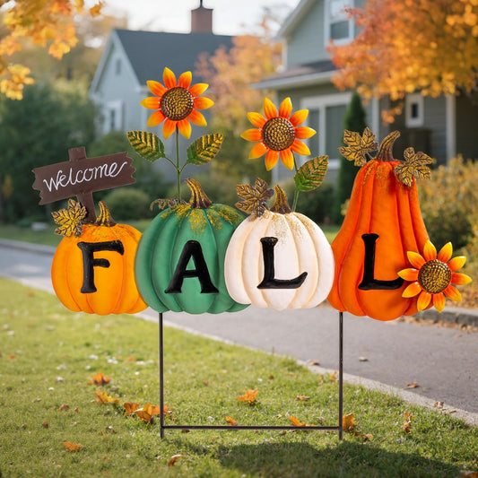 Lanpn Fall Garden Stakes Decorative, 3 Stacked Pumpkin Truck Waterproof Metal Yard Signs 2ft for Home Lawn Patio Porch Autumn Thanksgiving Harvest Season Outdoor Decor (Style 01, 11.4 X 29.9 Inch)