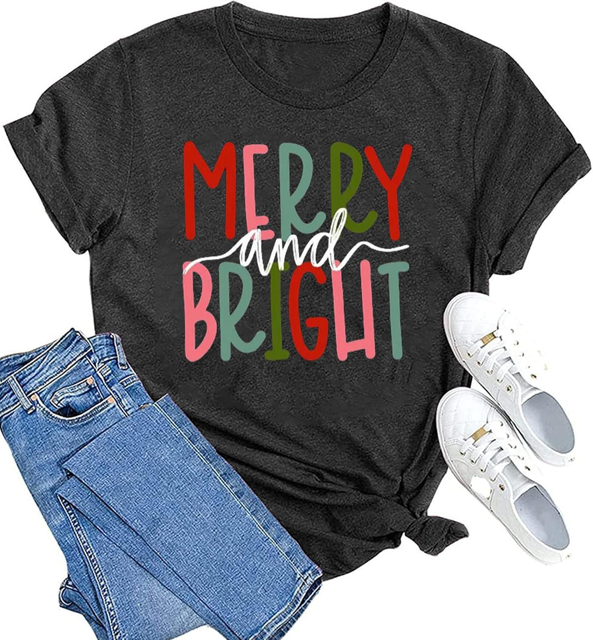 hcihgzr Christmas Shirts for Women Merry and Bright Christmas Shirt Xmas Tree Graphic Holiday T-Shirt Tops