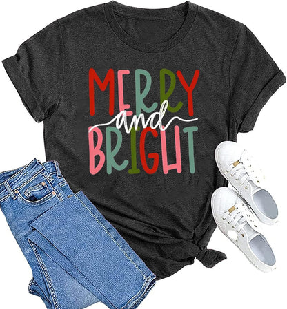 hcihgzr Christmas Shirts for Women Merry and Bright Christmas Shirt Xmas Tree Graphic Holiday T-Shirt Tops