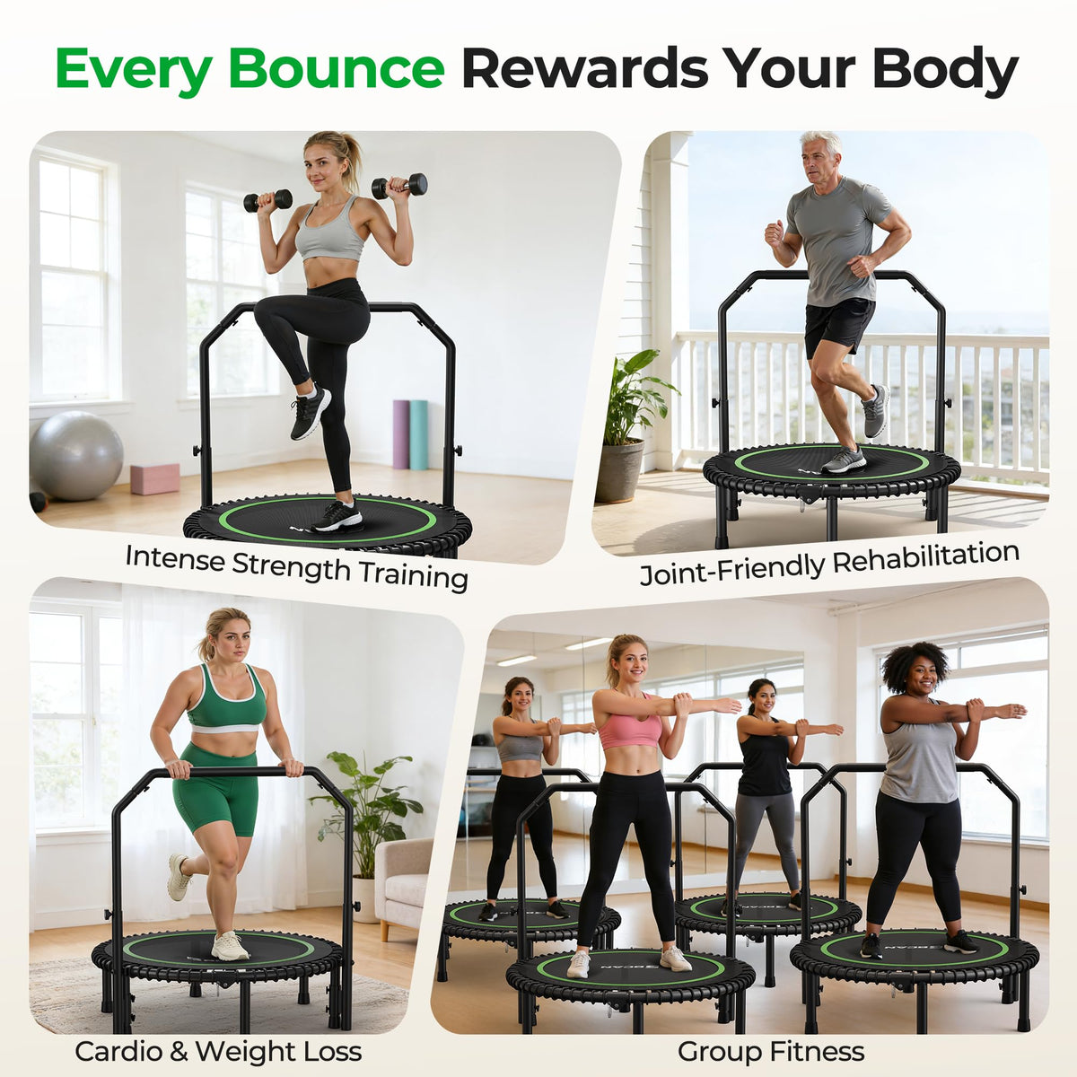 Bcan BT2 450/550LBS Mini Rebounder Trampoline for Adults with Bar, Fitness Trampoline with Bungees, Adjustable Handle, Stable & Quiet, Indoor Outdoor, Whole-Body Workout - 40IN/48IN | Fed Fitness