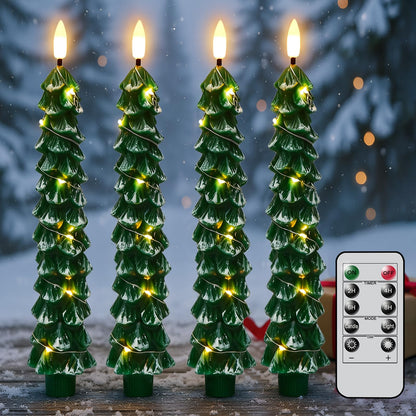 Green Christmas Tree Flameless Taper Candles Battery Operated Remote Timer