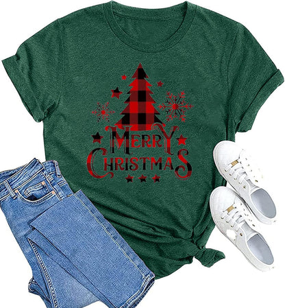 hcihgzr Christmas Shirts for Women Merry and Bright Christmas Shirt Xmas Tree Graphic Holiday T-Shirt Tops