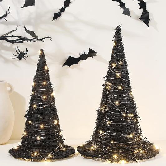 Leinuosen 2 Pcs Halloween Rattan Witch Hat Decor with String Lights Wicker Wizard Hats Woven Witch Hat for Indoor Outdoor Halloween Party Supplies Home Bedroom Garden Patio Backyard Decoration