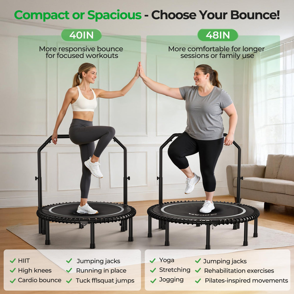 Bcan BT2 450/550LBS Mini Rebounder Trampoline for Adults with Bar, Fitness Trampoline with Bungees, Adjustable Handle, Stable & Quiet, Indoor Outdoor, Whole-Body Workout - 40IN/48IN | Fed Fitness