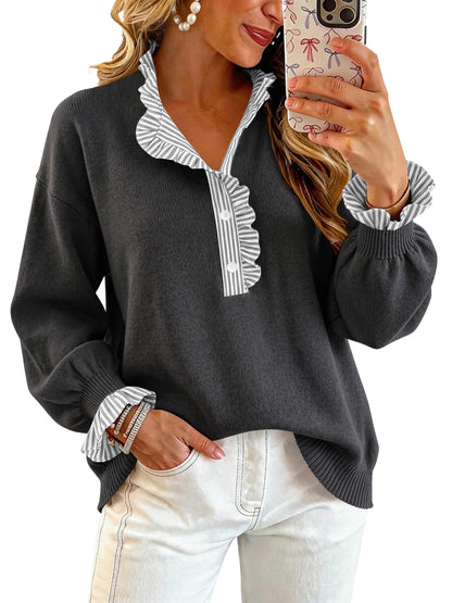 Ruffle Knit Collared Quarter Pullover