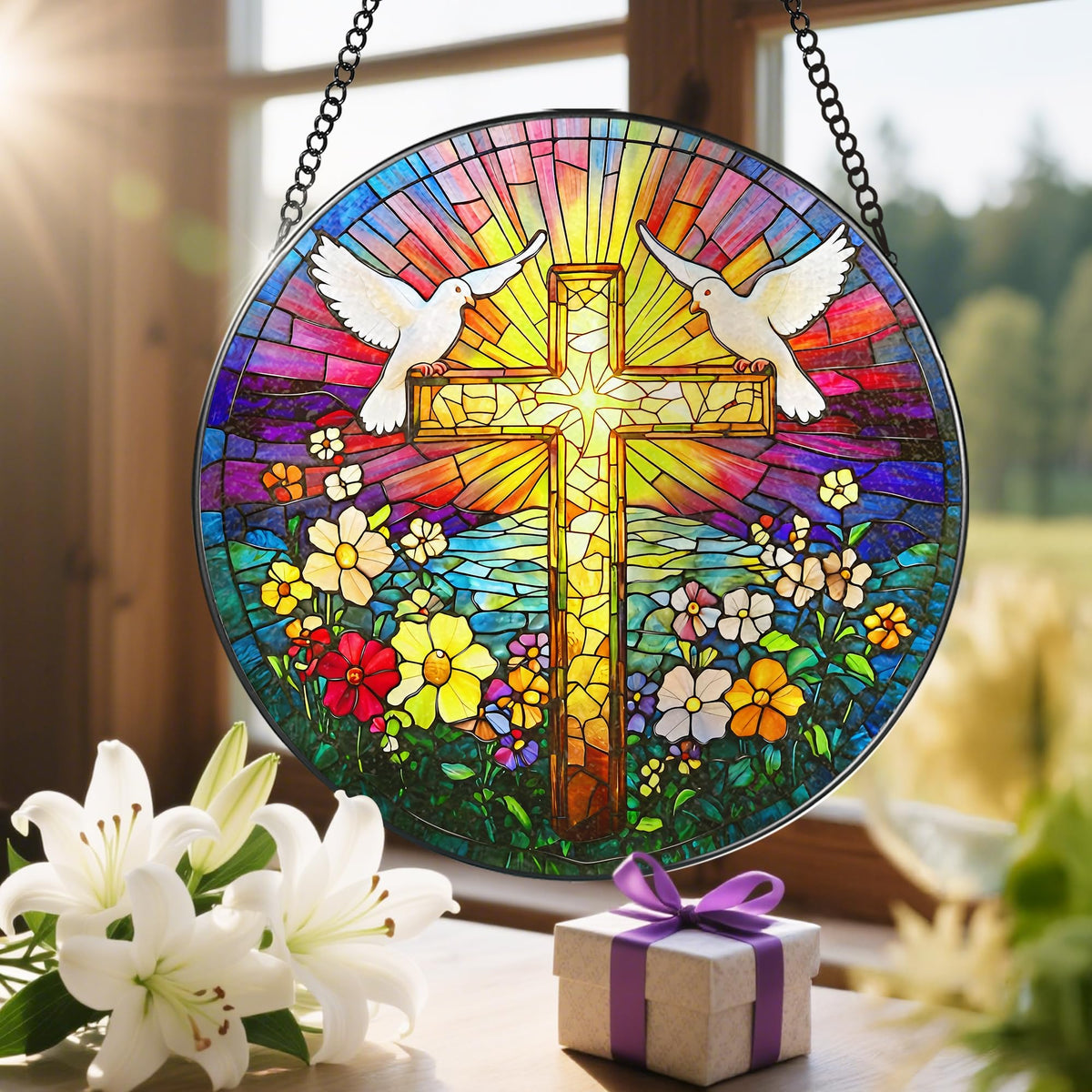 8-Inch Jesus with Cardinals Suncatcher Ornament, Stained Glass Window Hanging & Religious Christmas Ornament, Christian Window Decor — Memorial Gift, Christian Gifts for Her, Religious Gifts