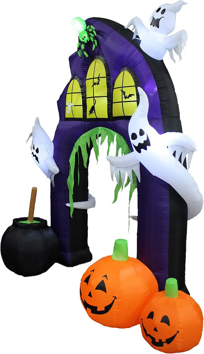 9 Ft Tall Halloween Inflatable Castle Archway | Pumpkins Spider Ghosts Cauldron, LED Lights, Outdoor Indoor, Yard Blowup