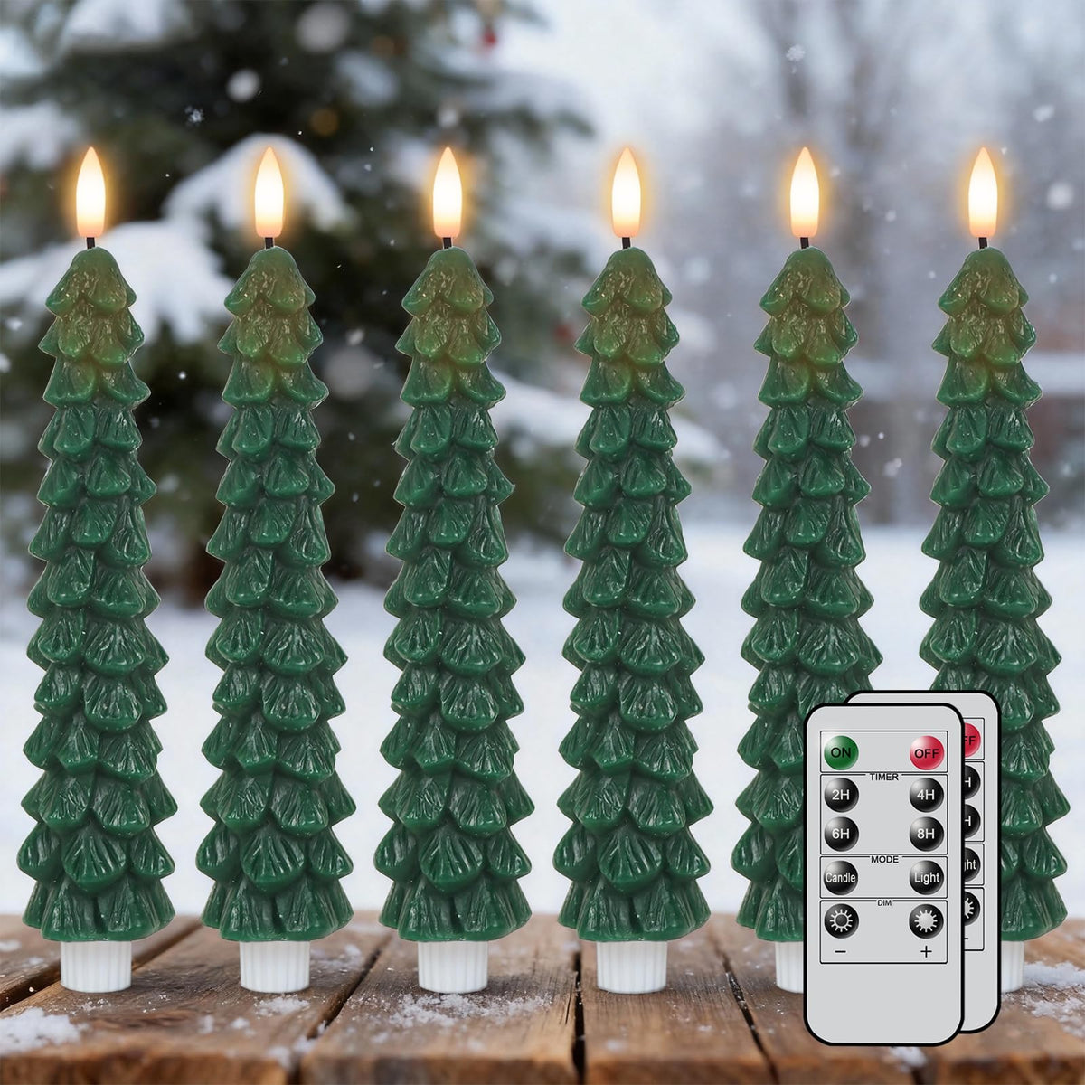 Green Christmas Tree Flameless Taper Candles Battery Operated Remote Timer