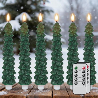 Green Christmas Tree Flameless Taper Candles Battery Operated Remote Timer