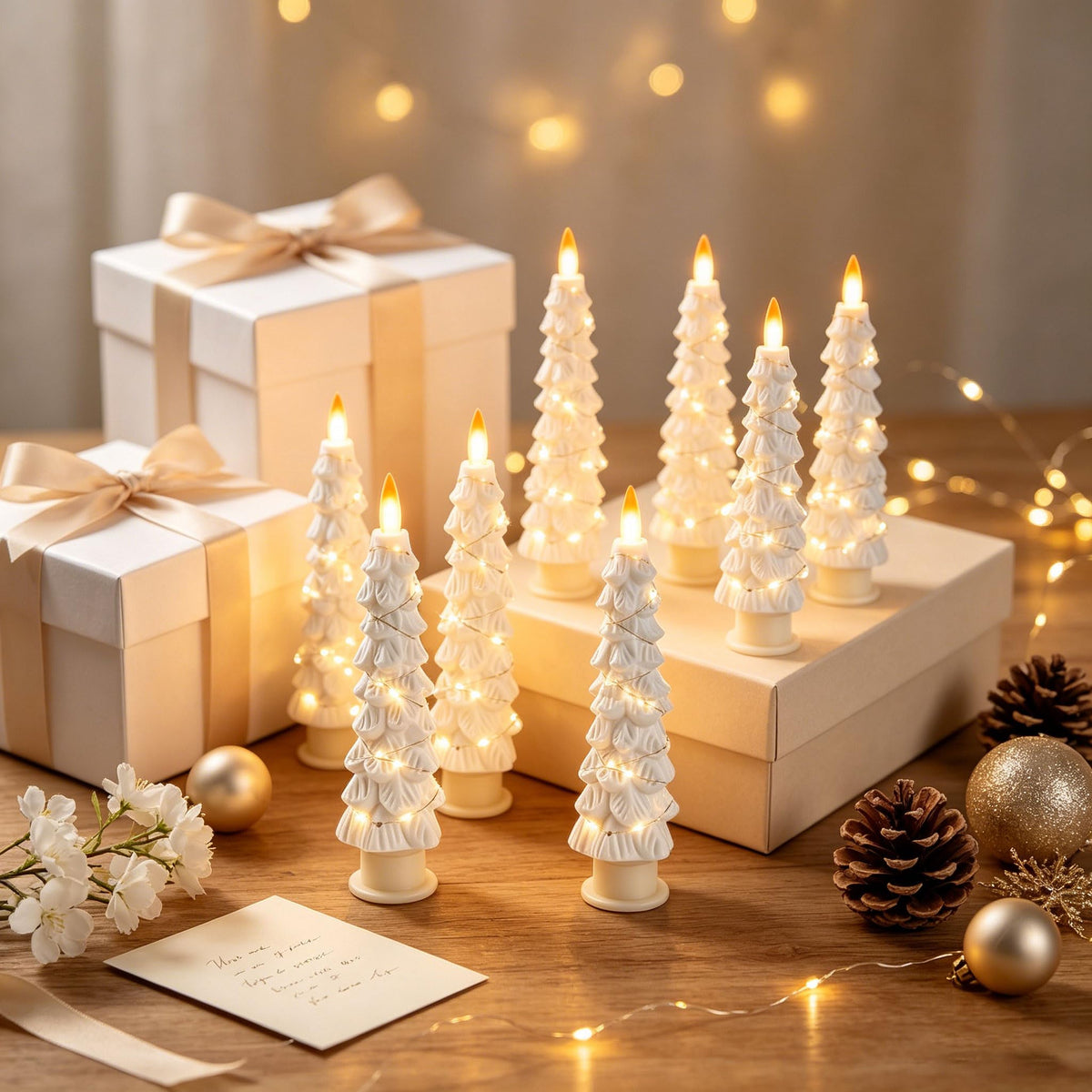 2 Pack White Christmas Tree LED Taper Candles, Flameless Flickering Candles with Copper String Lights, Upgraded Realistic Flame Effect, Battery Operated with Remote for Christmas Home Decoration