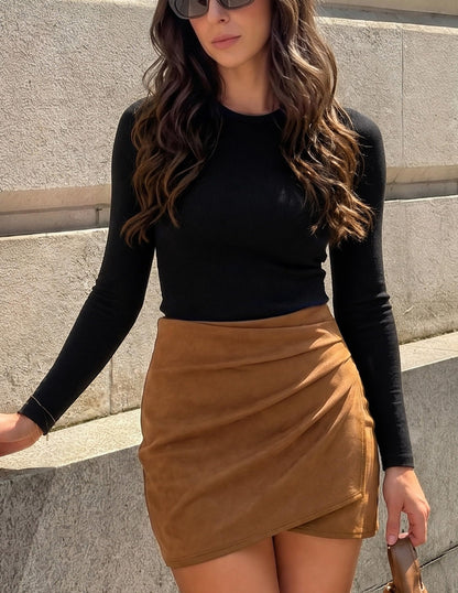 ZESICA Womens Faux Suede Wrap Mini Skirt Fall High Waist Bodycon Skort