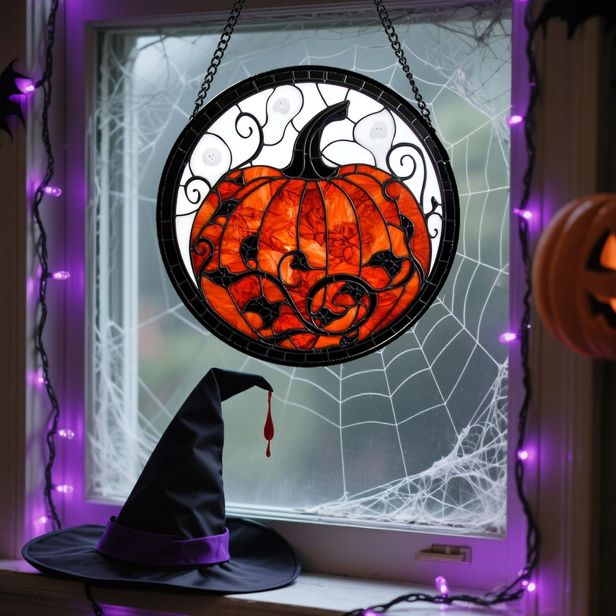 Stained Glass Window Hanging - Halloween Red White Scary Pumpkin Suncatcher for Doors Garden Home Spooky Rattan Sun Catchers Gothic Decor Horror Gifts for Women Men Friend Boy Girl 15 In
