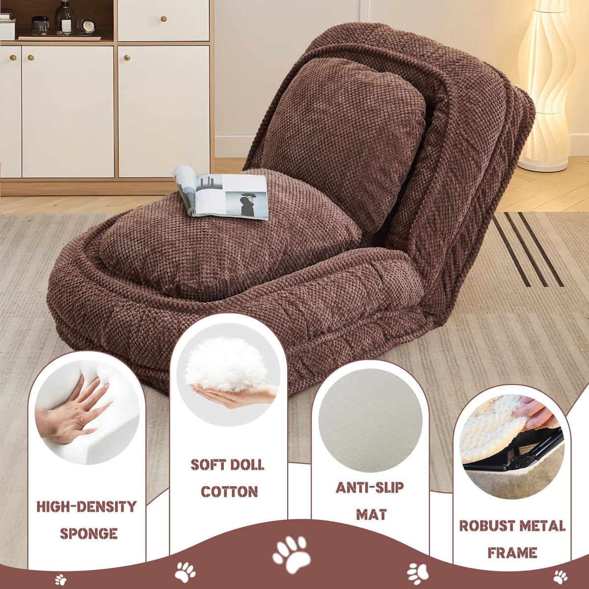Upholstered Convertible Lounge Chair with 2 Soft Pillows