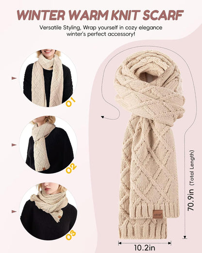 Womens Winter Hat Gloves Scarf Headband Set, Pom Pom Beanie Long Scarf Touchscreen Gloves Ear Warmer, 4 in 1 Warm Gift Set