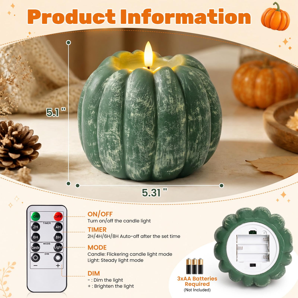 Fall Decor, Fall Decorations for Home - Flameless Pumpkin Candle with Timer Remote - Room Bedroom Table Farmhouse Decor for Halloween, Thanksgiving, Orange+white