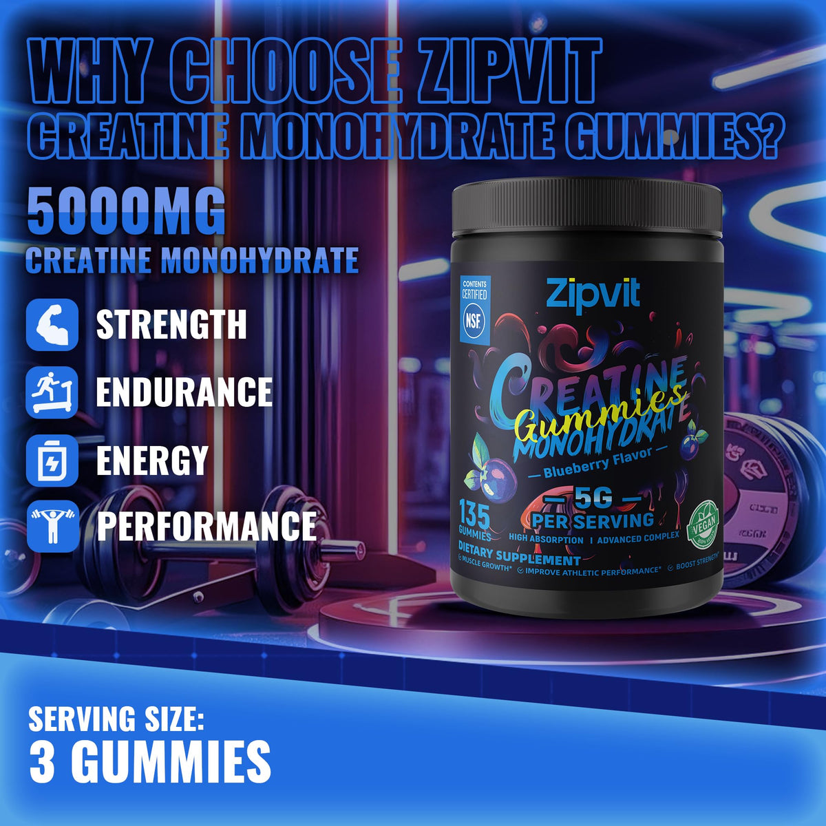 Creatine Monohydrate Gummies, Nsf Certified Creatine Gummy, 5g Dose for Men & Women to Support Muscle, Strength, Recovery, Cognitive Health & Memory, Pineapple Flavor, 135 Gummies