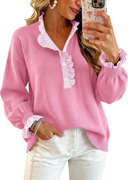 Ruffle Knit Collared Quarter Pullover