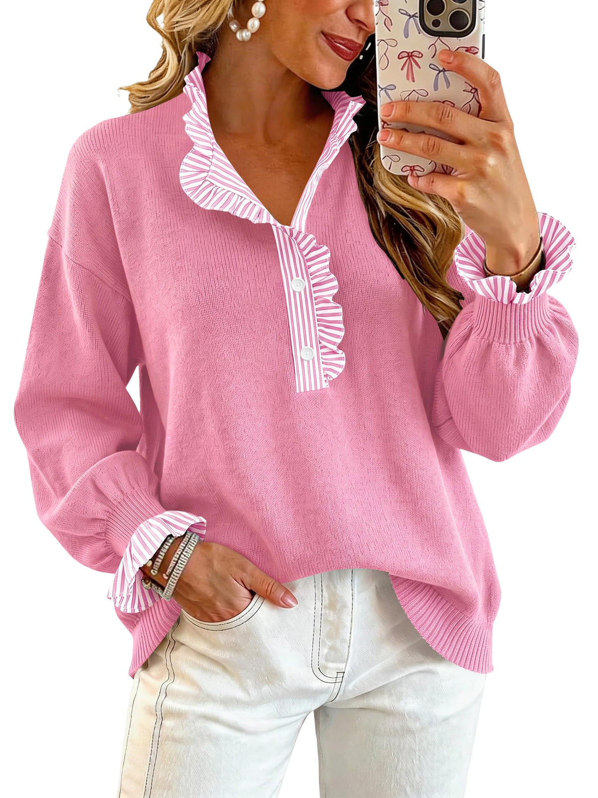 Ruffle Knit Collared Quarter Pullover