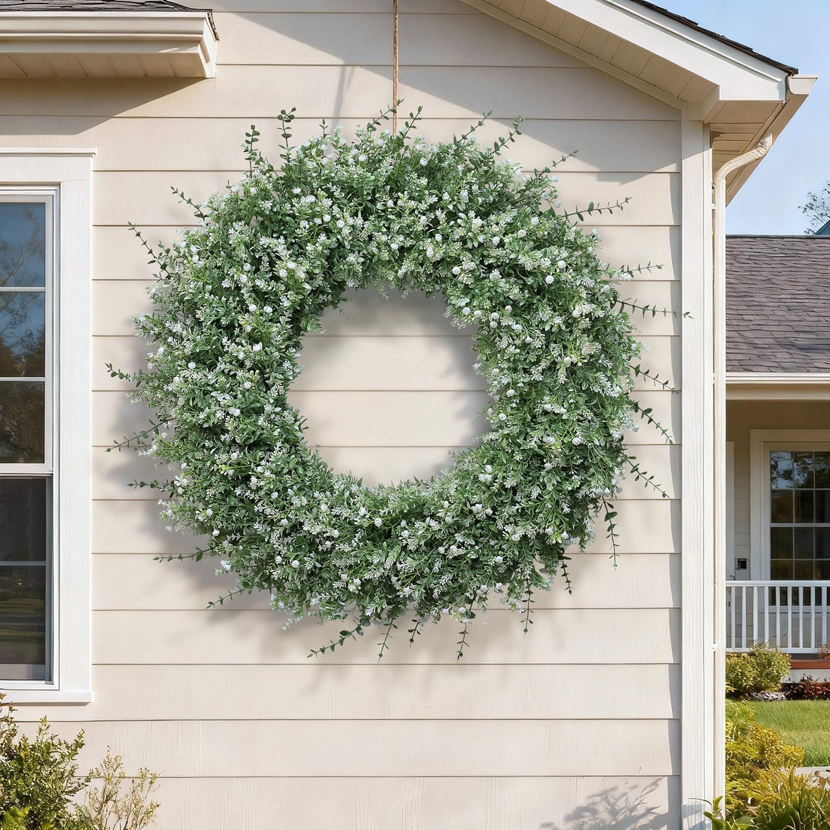32" Large Artificial Eucalyptus Wreath for Front Door(white-Green) | Weather Resistant,lifelike Eucalyptus Lavender with Babys Breath Flowers Wreath,for Home Farmhouse Wall Year-Round Use Decor