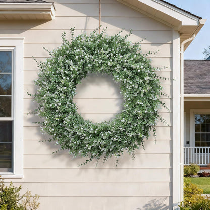 32" Large Artificial Eucalyptus Wreath for Front Door(white-Green) | Weather Resistant,lifelike Eucalyptus Lavender with Babys Breath Flowers Wreath,for Home Farmhouse Wall Year-Round Use Decor