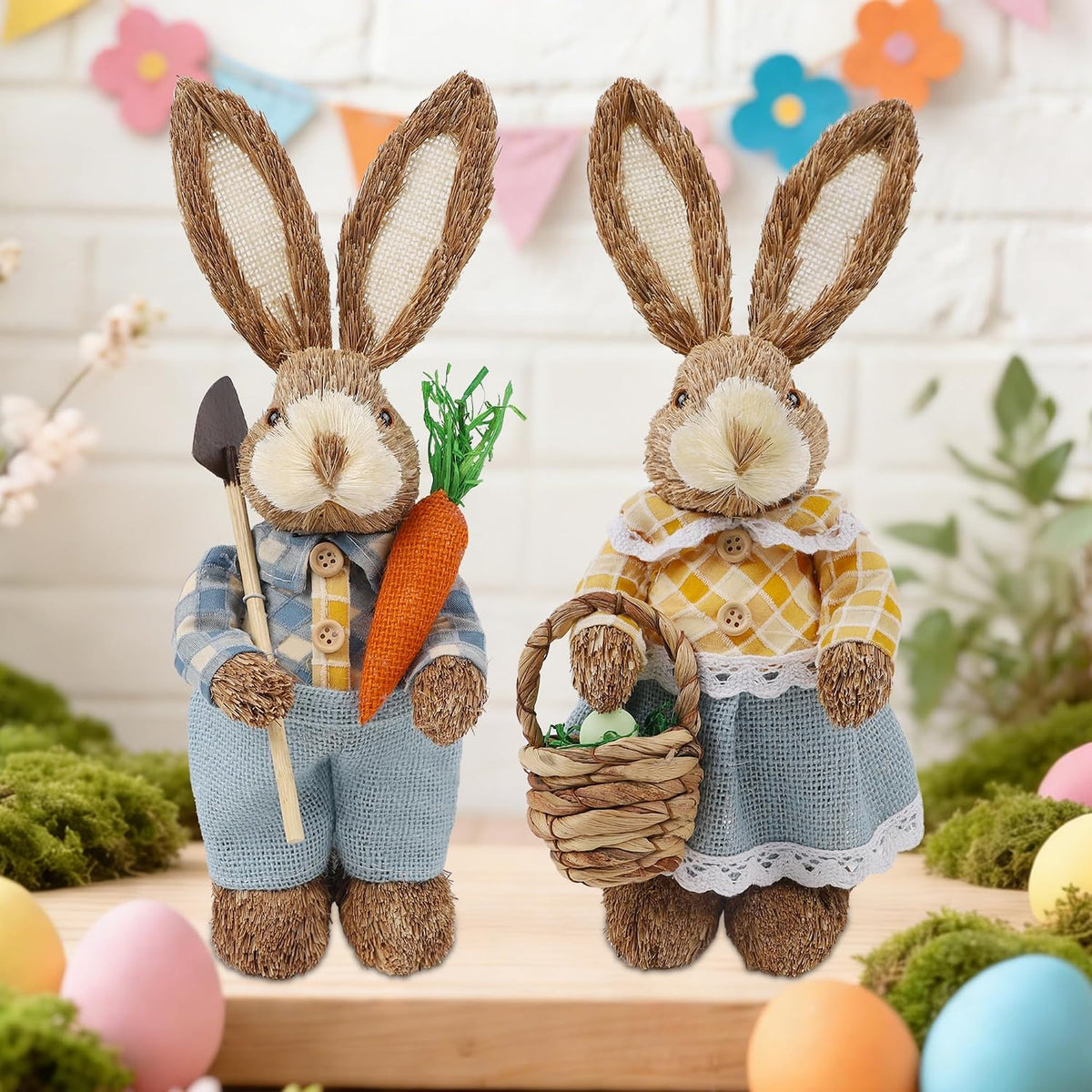 Dr.dudu Set of 2 Easter Decorations 13" Bunny Figurines Tabletop Spring Decor, Rustic Straw Bunny Couple with Carrot, Sisal Rabbit Statues Ornaments for Table Home Office Kitchen Farmhouse