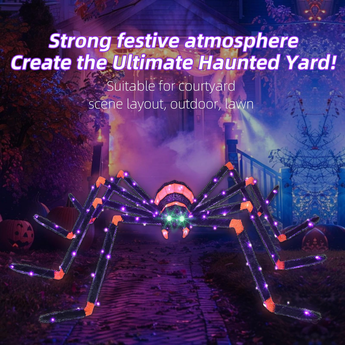 Halloween Decorations Outside Giant Spider - Hoyechi Outdoor Halloween Decor Lighted Spider 4.2Ft, Light Up Spider with 90 LED Lights, Ground Stakes, for Front Yard Porch Gardens Lawns Party