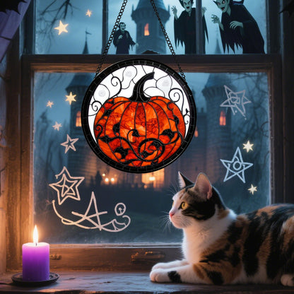 Stained Glass Window Hanging - Halloween Red White Scary Pumpkin Suncatcher for Doors Garden Home Spooky Rattan Sun Catchers Gothic Decor Horror Gifts for Women Men Friend Boy Girl 15 In
