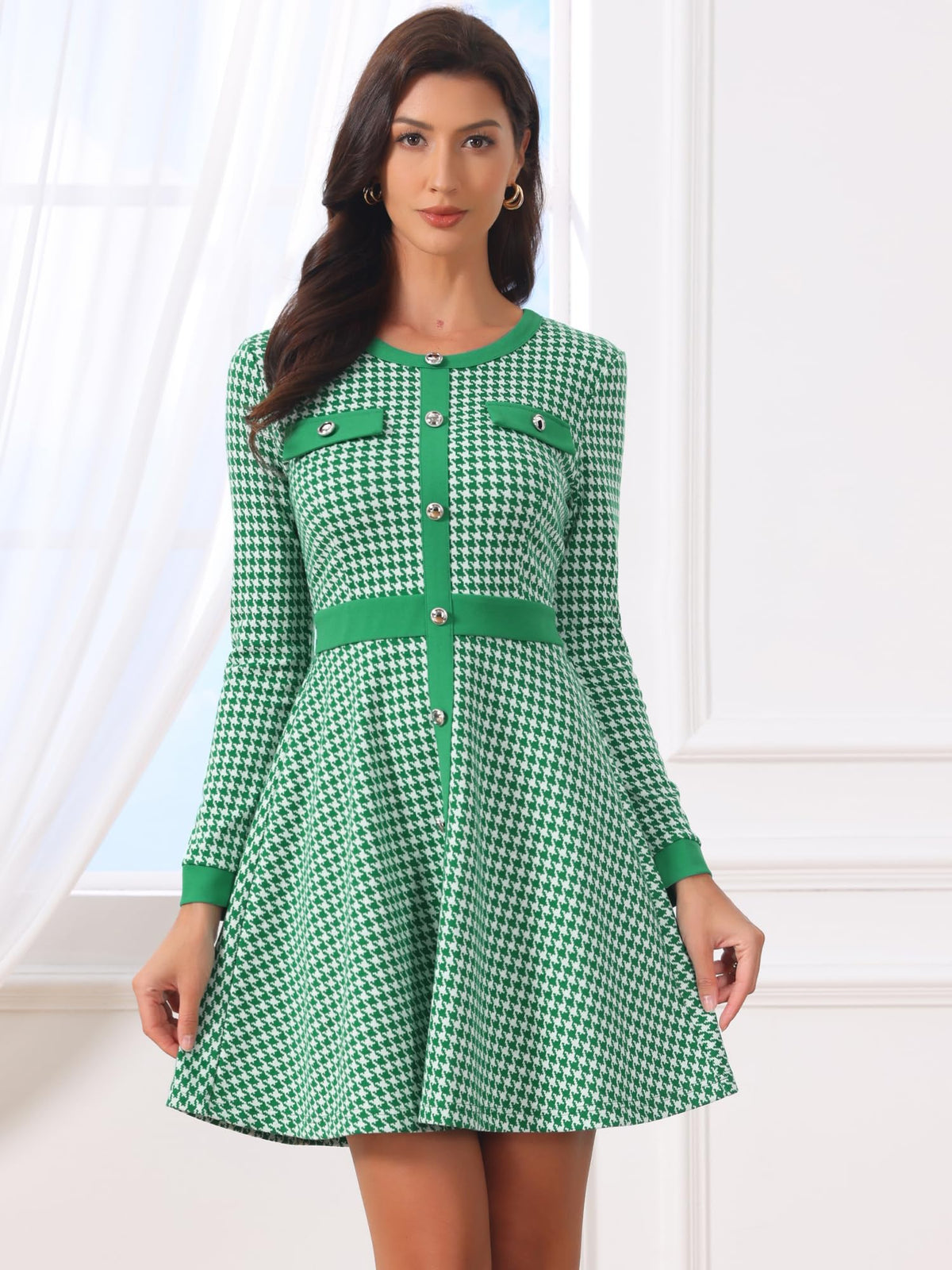 Allegra K Women's Houndstooth Plaid A-Line Elegant Business Work Dress