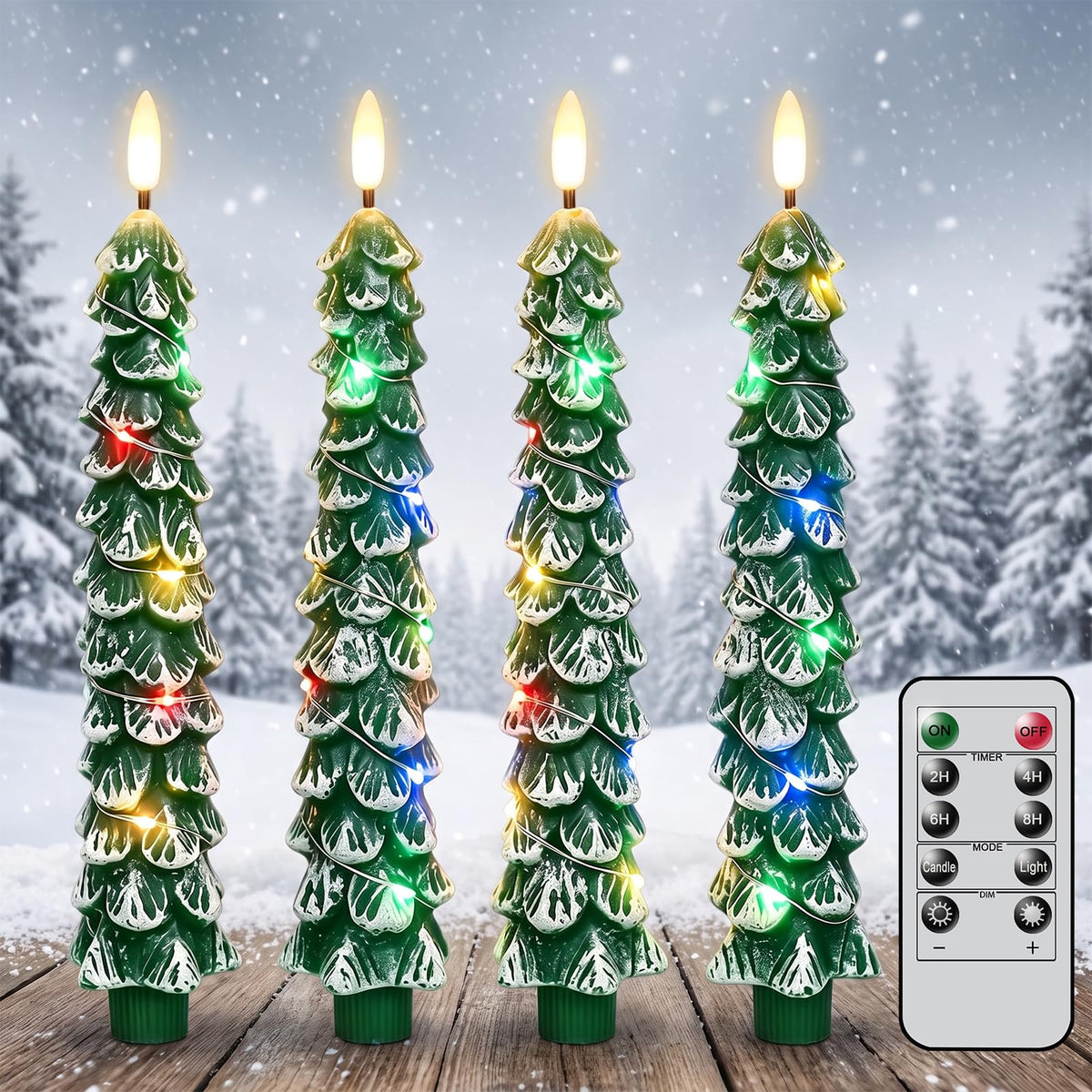 Green Christmas Tree Flameless Taper Candles Battery Operated Remote Timer