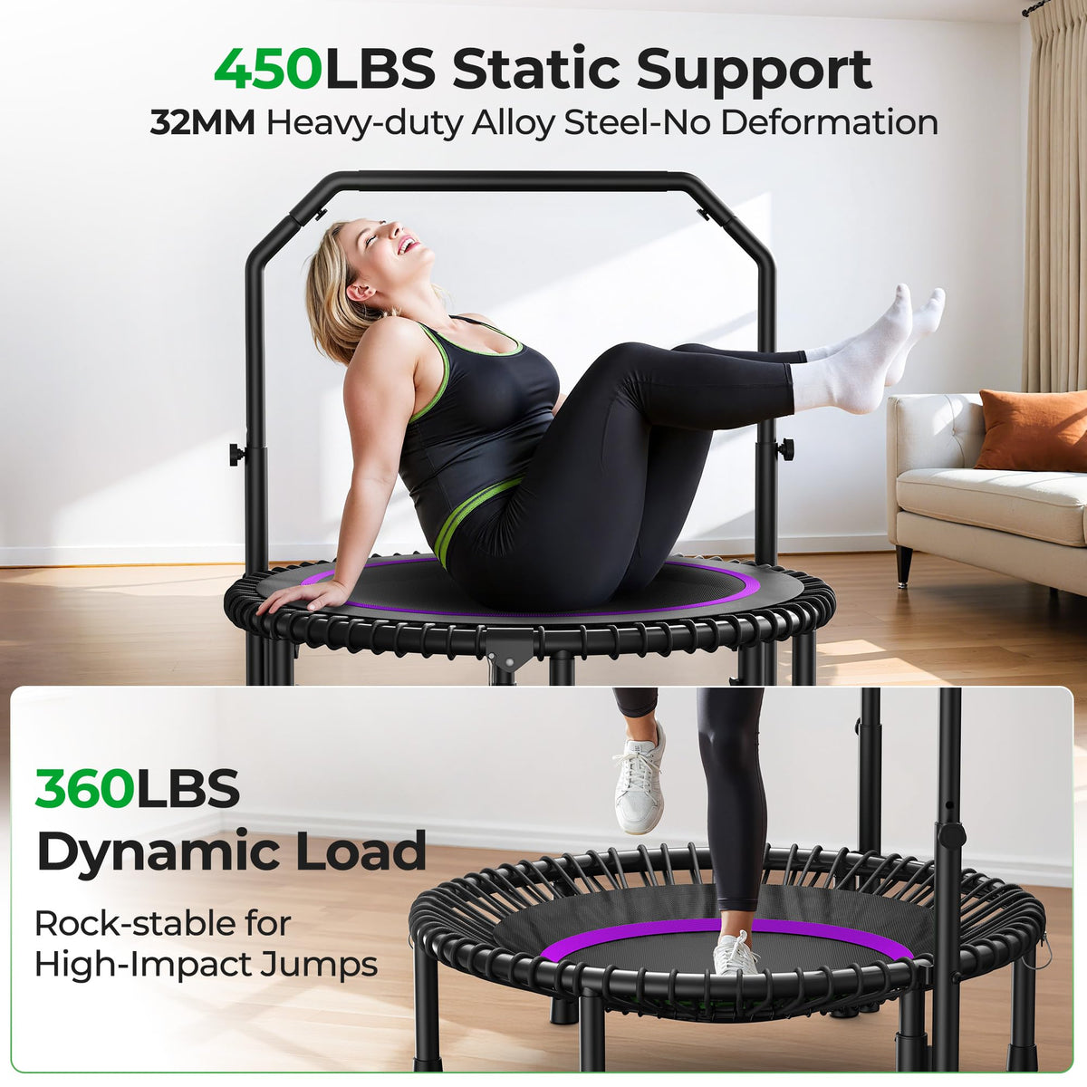 Bcan BT2 450/550LBS Mini Rebounder Trampoline for Adults with Bar, Fitness Trampoline with Bungees, Adjustable Handle, Stable & Quiet, Indoor Outdoor, Whole-Body Workout - 40IN/48IN | Fed Fitness