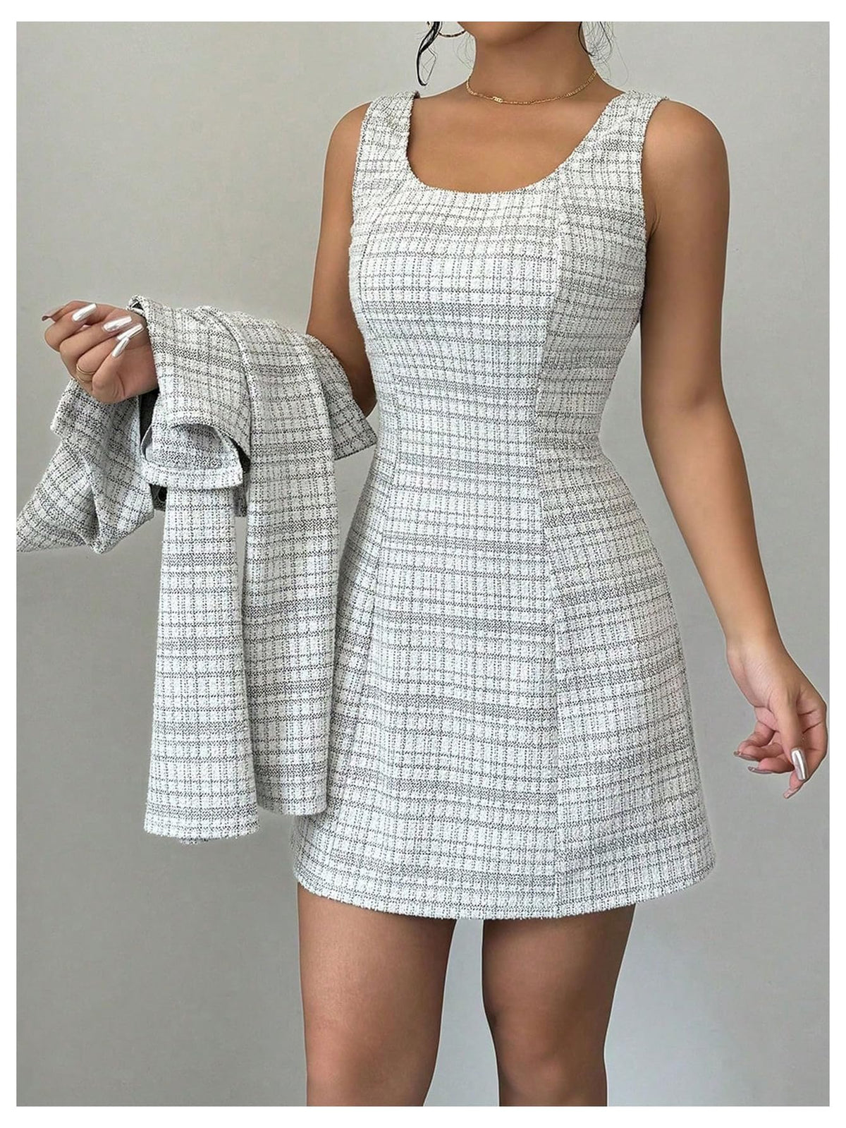 SOLY HUX Women's 2 Piece Plaid Long Sleeve Button Cropped Jacket Dress Set