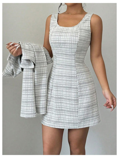 SOLY HUX Women's 2 Piece Plaid Long Sleeve Button Cropped Jacket Dress Set