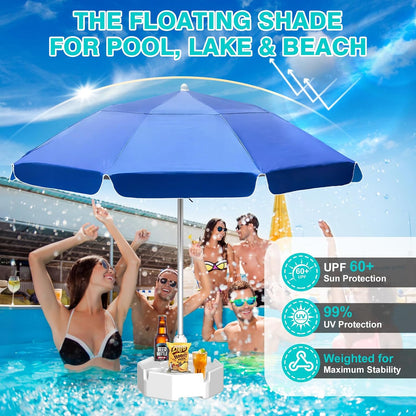 Outdoor Floating Umbrella for Inside of Pool with Weighted Base, 4 Cupholders Floating Table with Sun Shade, No-Tools Setup