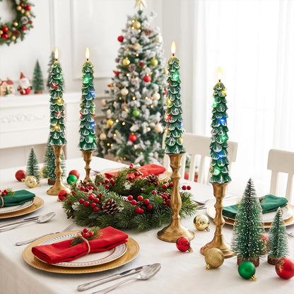 Green Christmas Tree Flameless Taper Candles Battery Operated Remote Timer