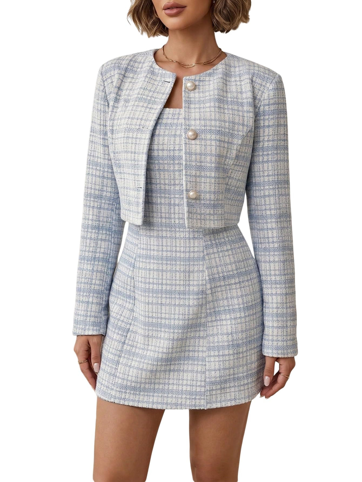 SOLY HUX Women's 2 Piece Plaid Long Sleeve Button Cropped Jacket Dress Set