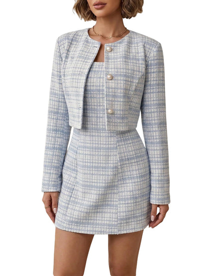 SOLY HUX Women's 2 Piece Plaid Long Sleeve Button Cropped Jacket Dress Set