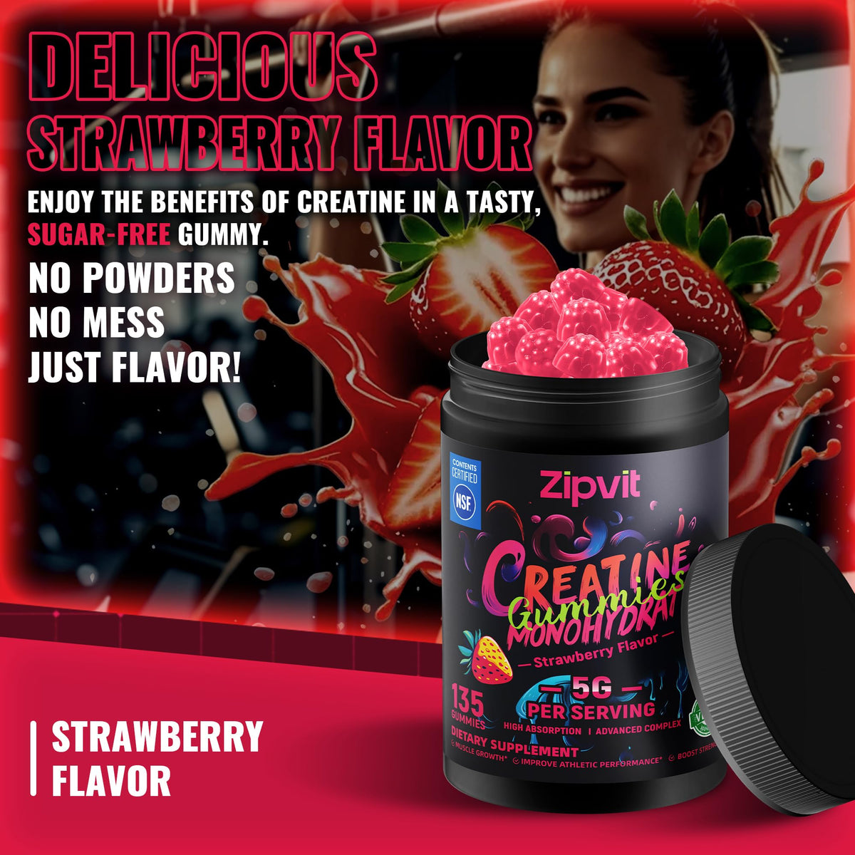 Creatine Monohydrate Gummies, Nsf Certified Creatine Gummy, 5g Dose for Men & Women to Support Muscle, Strength, Recovery, Cognitive Health & Memory, Pineapple Flavor, 135 Gummies
